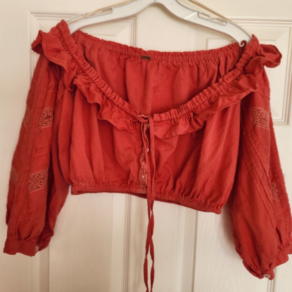 FREE PEOPLE Adjustable Off-Shoulder Ruffle cropped Top - Red, Coral